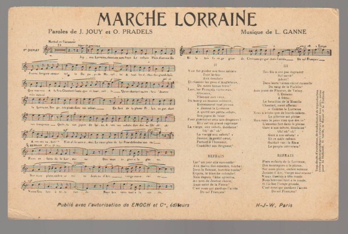 CPIB 23859 CARTE POSTALA - PARTITURA MUZICALA - &quot;MARCHE LORRAINE&quot;, NECIRCULATA, PARIS