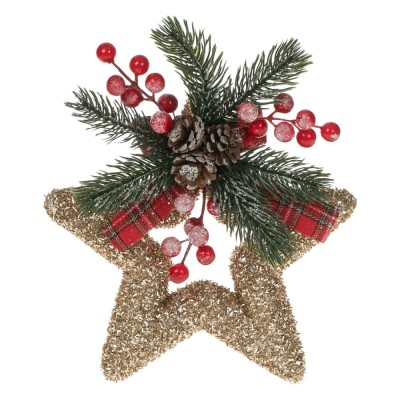 Decorațiune Crăciun, Spumă, Stea, Tinsel Auriu, Crenguțe Brad, Biluțe Roșii, 22x26cm foto