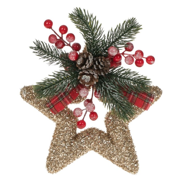 Decorațiune Crăciun, Spumă, Stea, Tinsel Auriu, Crenguțe Brad, Biluțe Roșii, 22x26cm