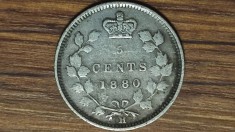Canada - moneda argint sterling serie f rara - 5 cents 1880 H / Heaton - Victoria tanara - superba!