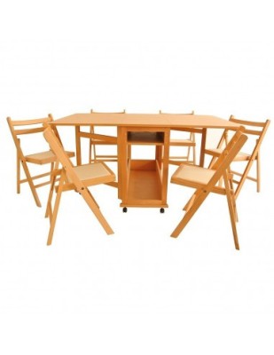 Set masa plianta cu spatiu depozitare Util, pentru living si bucatarie, PAL, structura lemn masiv, cu role, 160x96x80 cm si 6 scaune pliante, tapitate foto