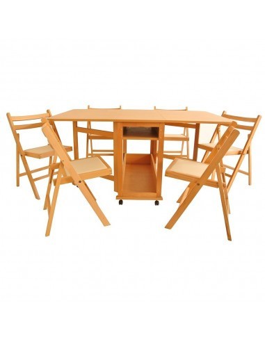Set masa plianta cu spatiu depozitare Util, pentru living si bucatarie, PAL, structura lemn masiv, cu role, 160x96x80 cm si 6 scaune pliante, tapitate