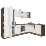 Mobilă de bucătărie de colț Yorki 310, corp din stejar Yorki, față alb satinat, element inferior cuptor, dulap inferior frigider cu balsam de rufe