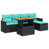 Set mobilier gradina perne 6 piese negru poliratan/lemn acacia
