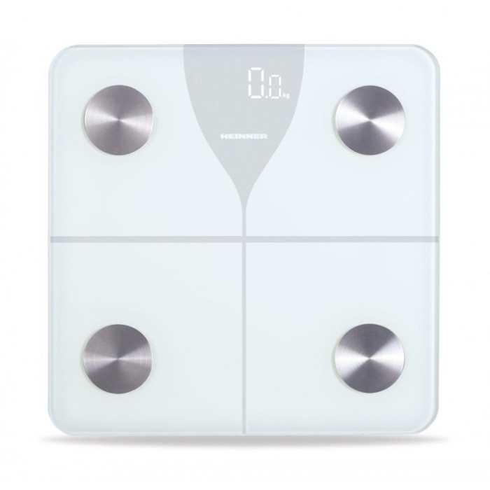 Cantar de baie inteligent Heinner, sticla securizata, 180 kg, functie bluetooth, display led, Alb