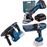 Bosch GBH 18V-24 C + GWS 180-LI + GDS 18V-1000 - Rotopercutor SDS-Plus 2.4 J + Polizor unghiular 125 mm valiza plastic + Masina de insurubat cu impact