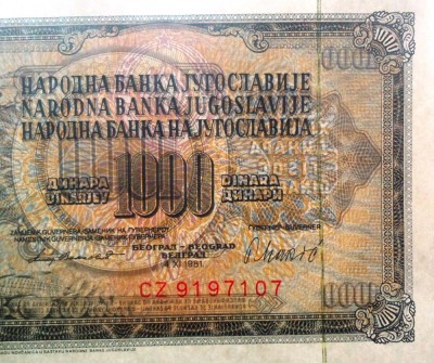Bancnota 1000 DINARI / DINARA - RSF YUGOSLAVIA, anul 1981 *cod 397 = UNC foto