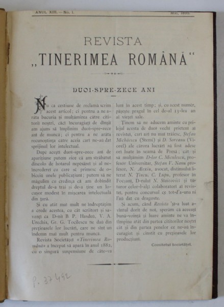 REVISTA &#039;&#039; TINERIMEA ROMANA &#039;&#039; COLEGAT DE 6 NUMERE , ANUL XIII , 1895