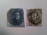 2 Timbre Belgia 1858 Rege Leopold I nedantelat , stampilat , val. 20c are colturile de sus rotunjite
