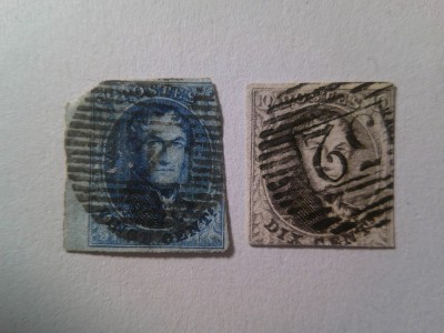 2 Timbre Belgia 1858 Rege Leopold I nedantelat , stampilat , val. 20c are colturile de sus rotunjite foto