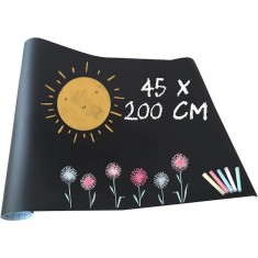 Tabla adeziva neagra pentru scris si desenat, 200 x 45 cm, cu folie autoadeziva tip tabla de scris si 5 x crete colorate, ideala pentru scoala, acasa