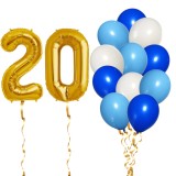 Set Baloane Aniversare 20 Ani Baiat, Albastru &amp; Auriu, 14 Piese: 2 Folie Cifre 81cm + 12 Latex 30cm. Decor Petrecere Ropet