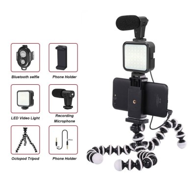 Kit de vlogging pentru telefon camera, trepied flexibil, panou LED, suport telefon, microfon si telecomanda foto