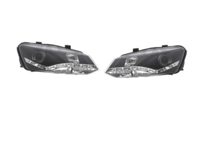 Set faruri tuning Vw Polo (6r), 08.2009-12.2017, Electric, tip bec H1+H7, omologare ECE, fara motoras, cu lumini LED de parcare, negru transparent, S foto