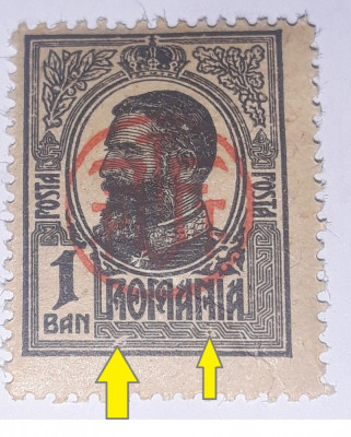 EROARE Romania 1918 Carol I, 1ban tipografiat, PATA PE CHENAR SI CERC ,SUP.PTT foto