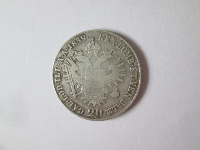 Rara! Austria/Ungaria/Boemia/Lombardia/Venetia 20 Kreuzer 1839 B(Kremnica) Ferdinand I argint,moneda din imagini,diametrul:26 mm,greutate:6,40 grame