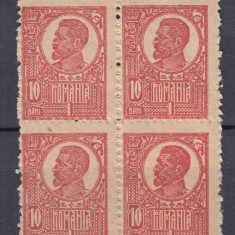 ROMANIA 1919/22 LP 72 REGELE FERDINAND 10 BANI HARTIE RAZBOI BLOC 4 TIMBRE MNH