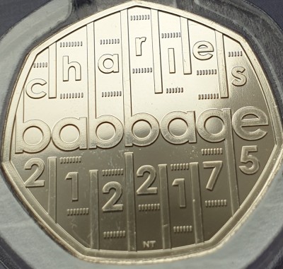50 pence 2021 Marea Britanie, Charles Babbage, Science, Brilliant unc, Coincard foto