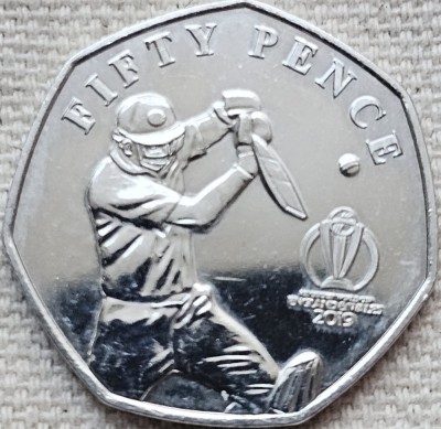 50 pence 2019 Isle of Man / Insula Man , Cover Drive, Cricket ICC World Cup, tiraj 12500 foto