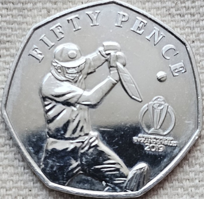 50 pence 2019 Isle of Man / Insula Man , Cover Drive, Cricket ICC World Cup, tiraj 12500