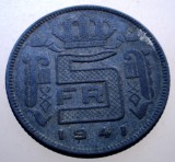 2.209 BELGIA WWII LEOPOLD III 5 FRANCS FRANCI 1941 DER BELGEN