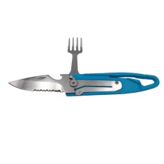 Set tacamuri pentru camping si drumetii, cutit si furculita, tip briceag, 16 cm, albastru