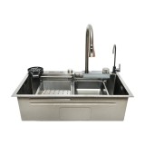 Chiuveta bucatarie multifunctionala din otel inoxidabil cu doua baterii, afisaj digital temperatura, functie cascada, spalator pahare, scurgator, tava