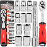 Set chei tubulare din crom-vanadiu, cu clichet, 12 piese,1/2, Verke