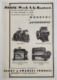 RECLAMA FABRICII &#039; JOHNE - WERK A.G. BAUTZEN &#039; DE MASINI DE TIPARIT , PERIOADA INTERBELICA