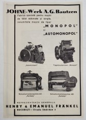 RECLAMA FABRICII &#039; JOHNE - WERK A.G. BAUTZEN &#039; DE MASINI DE TIPARIT , PERIOADA INTERBELICA