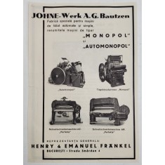 RECLAMA FABRICII &#039; JOHNE - WERK A.G. BAUTZEN &#039; DE MASINI DE TIPARIT , PERIOADA INTERBELICA