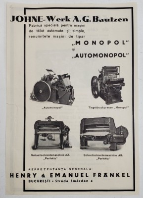 RECLAMA FABRICII &amp;#039; JOHNE - WERK A.G. BAUTZEN &amp;#039; DE MASINI DE TIPARIT , PERIOADA INTERBELICA foto