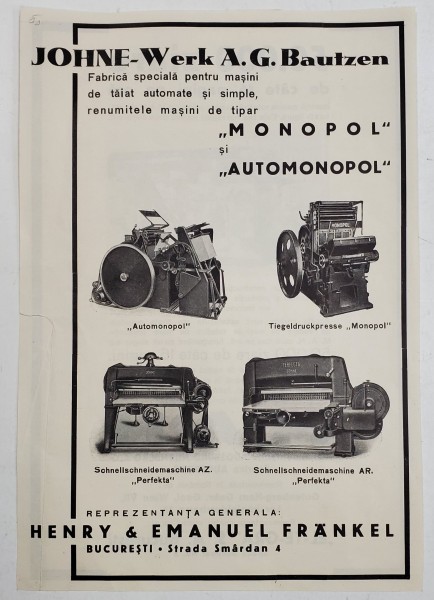 RECLAMA FABRICII &#039; JOHNE - WERK A.G. BAUTZEN &#039; DE MASINI DE TIPARIT , PERIOADA INTERBELICA