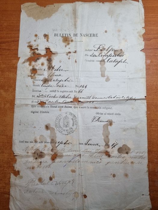 buletin de nastere - din anul 1868 - primaria urbi calafatului
