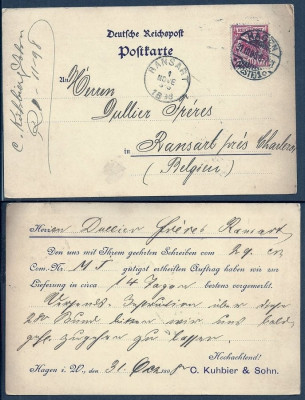 Germany 1898 Old postcard postal stationery Hagen to Belgium D.345 foto