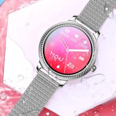 Ceas smartwatch si bratara fitness AK38, pentru femei, ciclu menstrual, somn, notificari, bratara metalica, ip68, vibratii, multi sport, silver