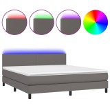 Cumpara ieftin Pat cu arcuri, saltea si LED, gri, 160x200 cm, piele ecologica