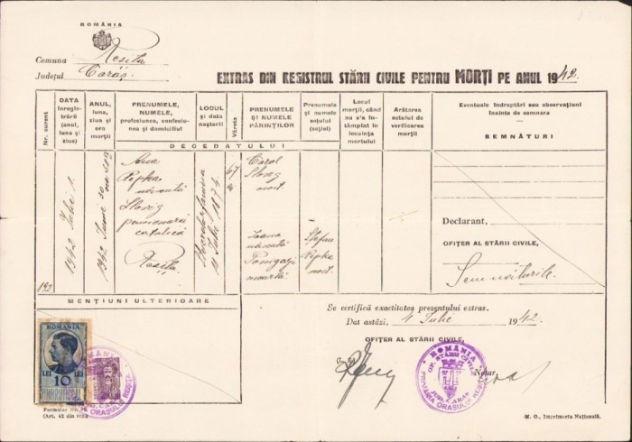 A844 Extras registru stare civilă, 1942, Reșița