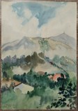 Novaci, vedere spre varful Cerbu// acuarela Rodica Raileanu 1976