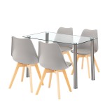 Leziter Velon 4+1 Set Masa Sufragerie Alb-Gri, 4 Scaune PP, Blat Sticla Calita, Picioare Otel Inox