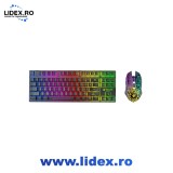 Kit tastatura si mouse, 2.4GHZ wireless, lumini orbitoare, port USB, rezistent la apa, pana la 2400 dpi, reglare cu 3 viteze, baterie 3000mAh, negru