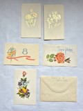 Lot 5 felicitări vechi 8 Martie (1986-1991) + plic original Școala Baia Mare și br&acirc;ndușă presată