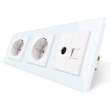 Priza tripla - 2 x priza simpla + 1 x priza TV / internet Livolo VL-C7C3EU/VC-11, incastrat, contact de protectie, rama din sticla inclusa, alb