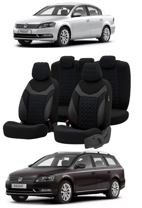 Set huse scaune piele si textil compatibile VW PASSAT B7 (2010-2015) Albastru