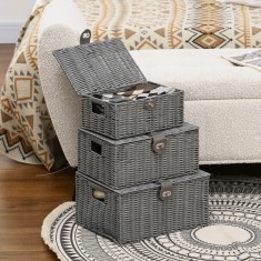 HOMCOM Set de 3 cosuri din rachita PP cu capac, containere dreptunghiulare de diferite dimensiuni, gri foto
