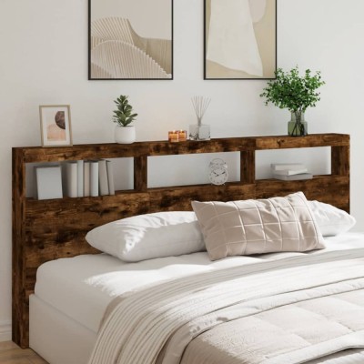 Gossi tablie de pat cu dulap si led, stejar fumuriu, 220x17x102 cm foto