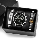 Set Cadou Barbati: Ceas Geneva Royal Argintiu + 2 Bratari Elegante, Piele Ecologica, Quartz, Cutie Cadou