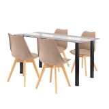 Set Sufragerie Zelma 4+1 Negru Bej: Masa Sticla 140cm &amp; 4 Scaune Bej, Design Modern, Confortabil, Durabil