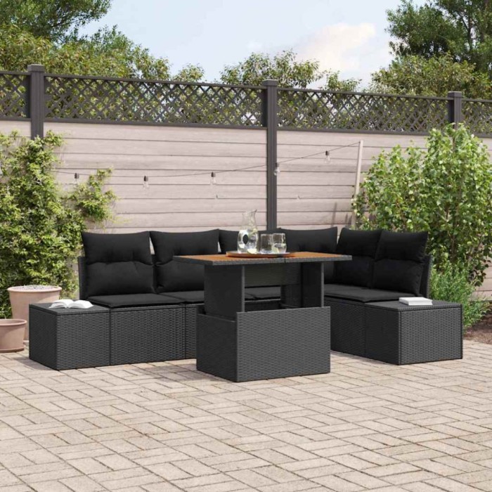 vidaXL Set Masa Grădină 6 Piese cu Perne Negru Rattan Poliester și Acacia
