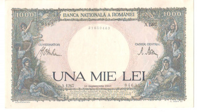 SV * Romania 1000 LEI 1941 , 10 Septembrie * Seria A.1267 * XF foto